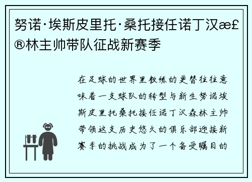 努诺·埃斯皮里托·桑托接任诺丁汉森林主帅带队征战新赛季 努诺·埃斯皮里托·桑托接任诺丁汉森林主帅带队征战新赛季
